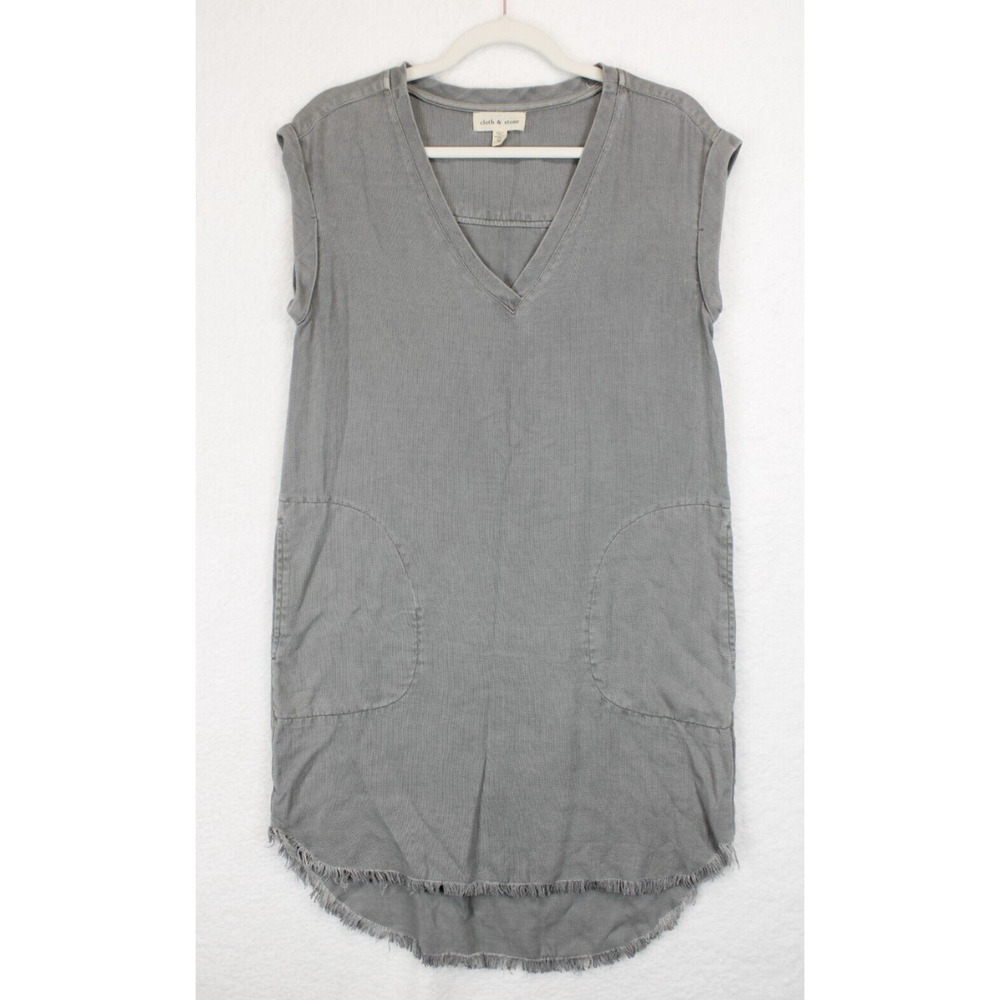 Anthropologie Cloth & Stone Dress Women XS Sunwashed Grey Tencel Fringe Pockets‎